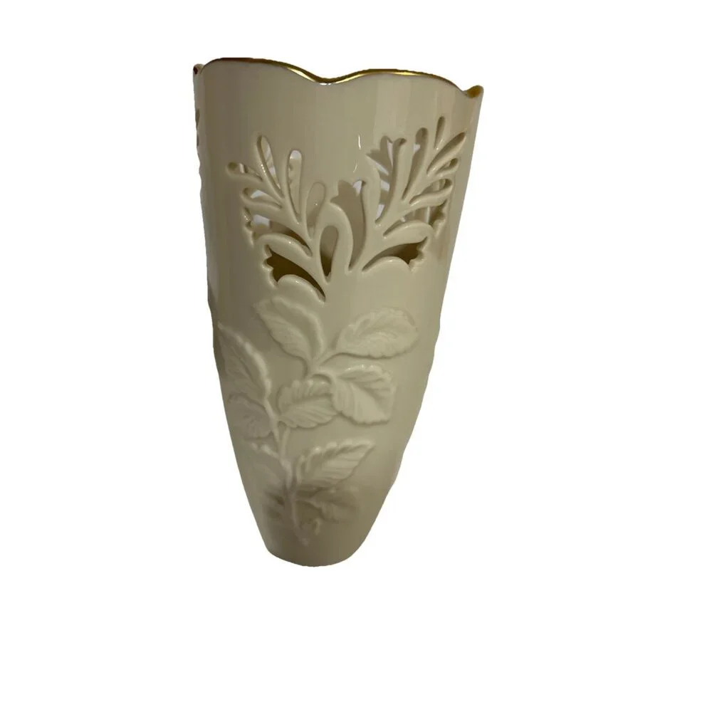 Lenox Westbury Vase  Embossed Leaf Pierced Cutout Ivory Gold Trim 6 7/8